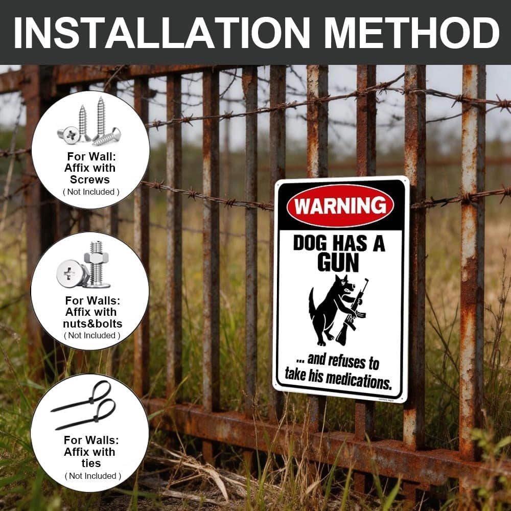 Funny Dog Warning Metal Sign, Dog Has A Gun Decor