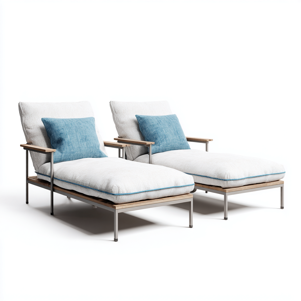 Lettino da sole in metallo e legno 198x70x78 cm - set da 2 - bianco-blu-grigio-marrone - per giardino e terrazza - design moderno-Dengethut