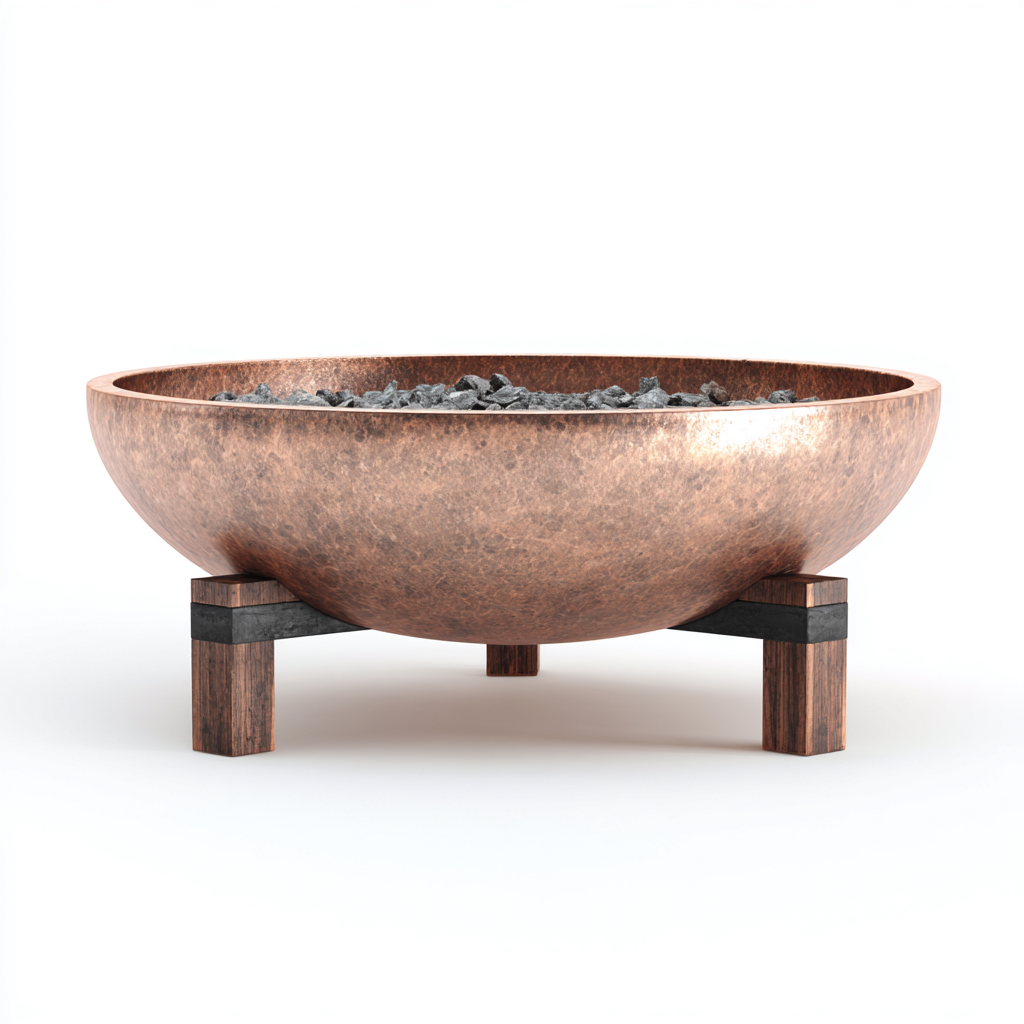 Riscaldamento da esterno braciere in metallo con base in legno 80x80x35 cm - rame-legno naturale - design decorativo per giardino-Dengethut