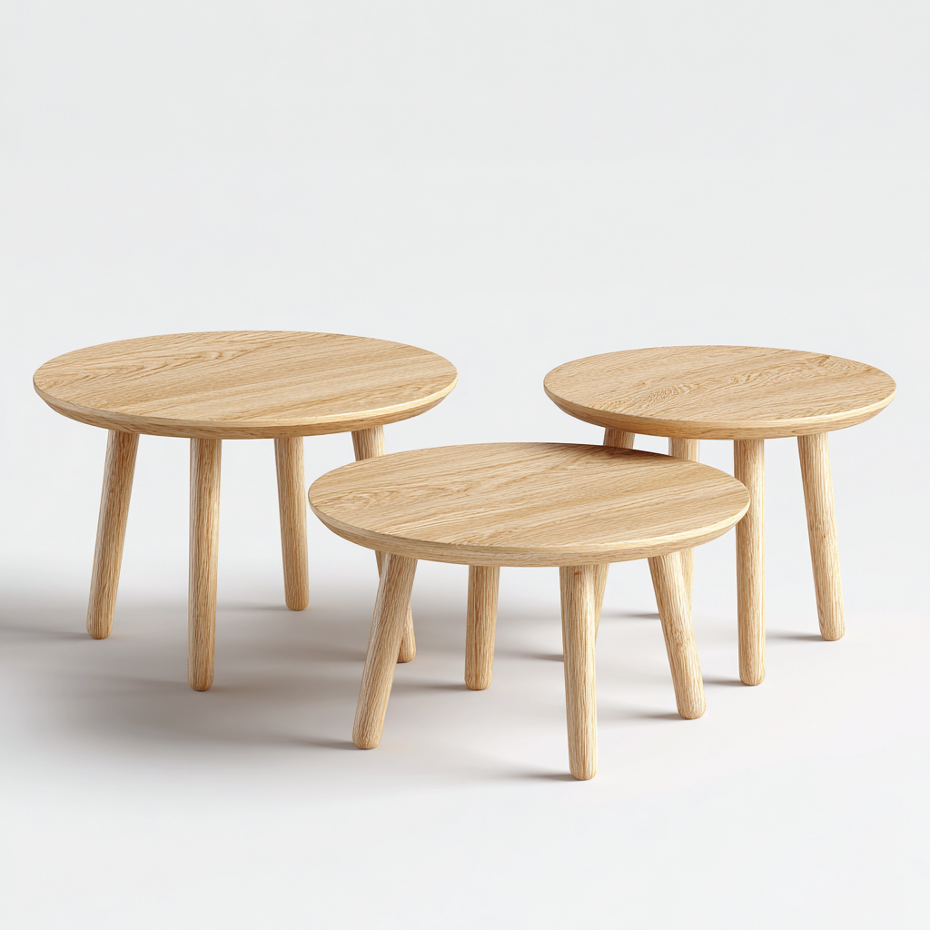 Tavolino da caffè rotondo set coordinato in legno naturale 60x60x40 cm - naturale - stile minimal-Dengethut