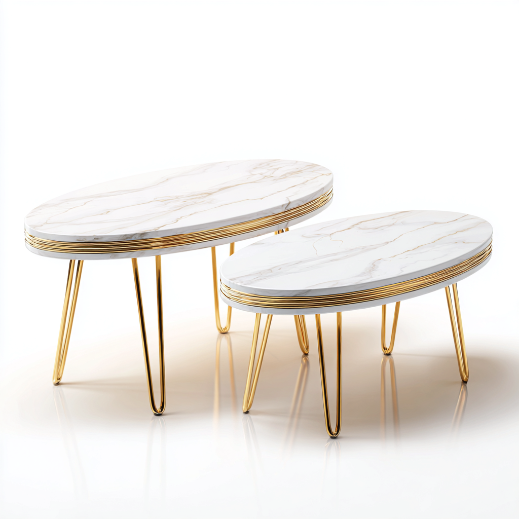 Tavolino da caffè con piano effetto marmo e struttura in metallo 90x55x42 cm - 70x45x38 cm - bianco-oro - design elegante-Dengethut