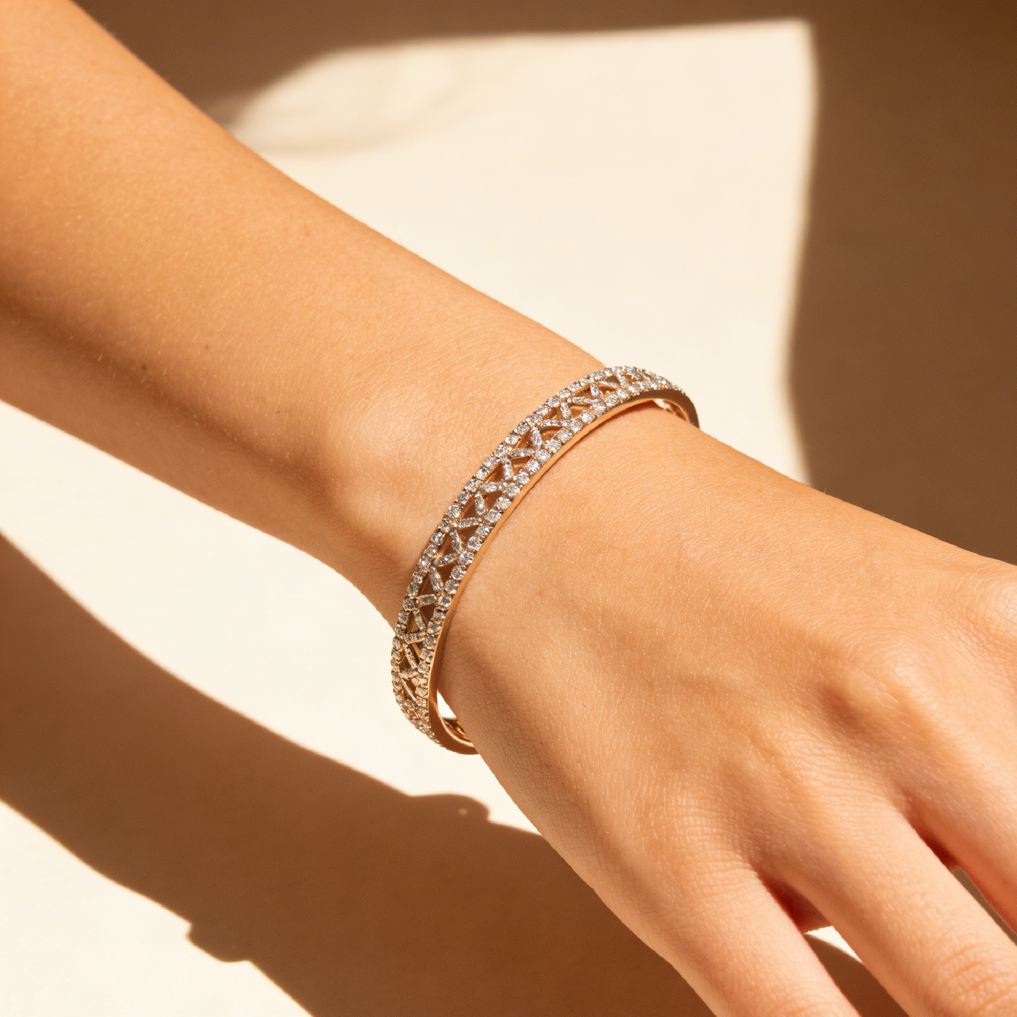 Gold Bangle with Paved Diamonds and Cross Pattern