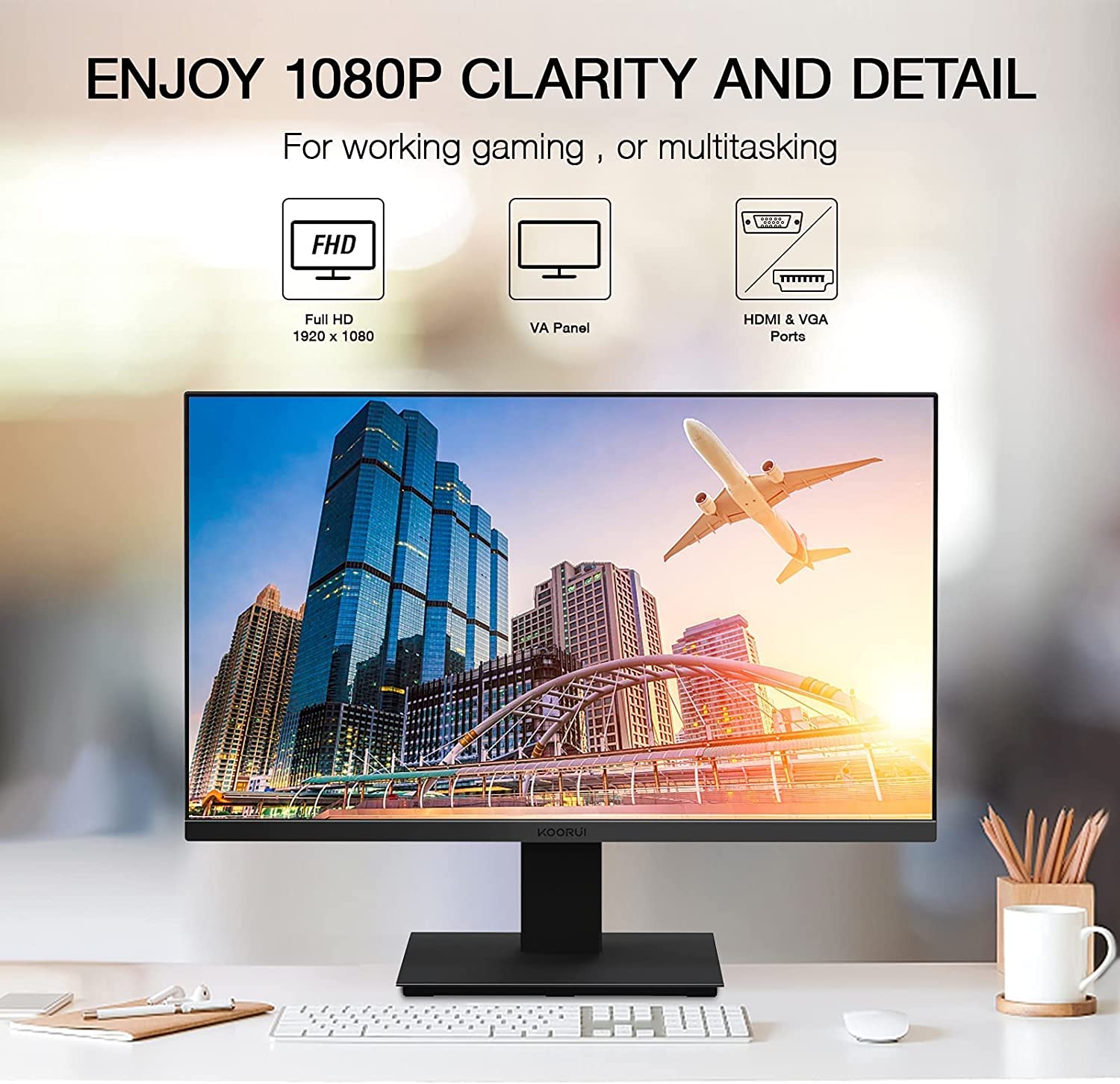 KOORUI 22 Inch Computer Monitor, FHD 1080P VA Desktop Display, 75Hz 6ms HDMI VGA Ports-Koorui