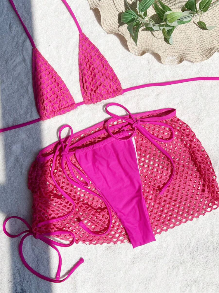 Crochet Mesh Three-Piece Bikini Set
