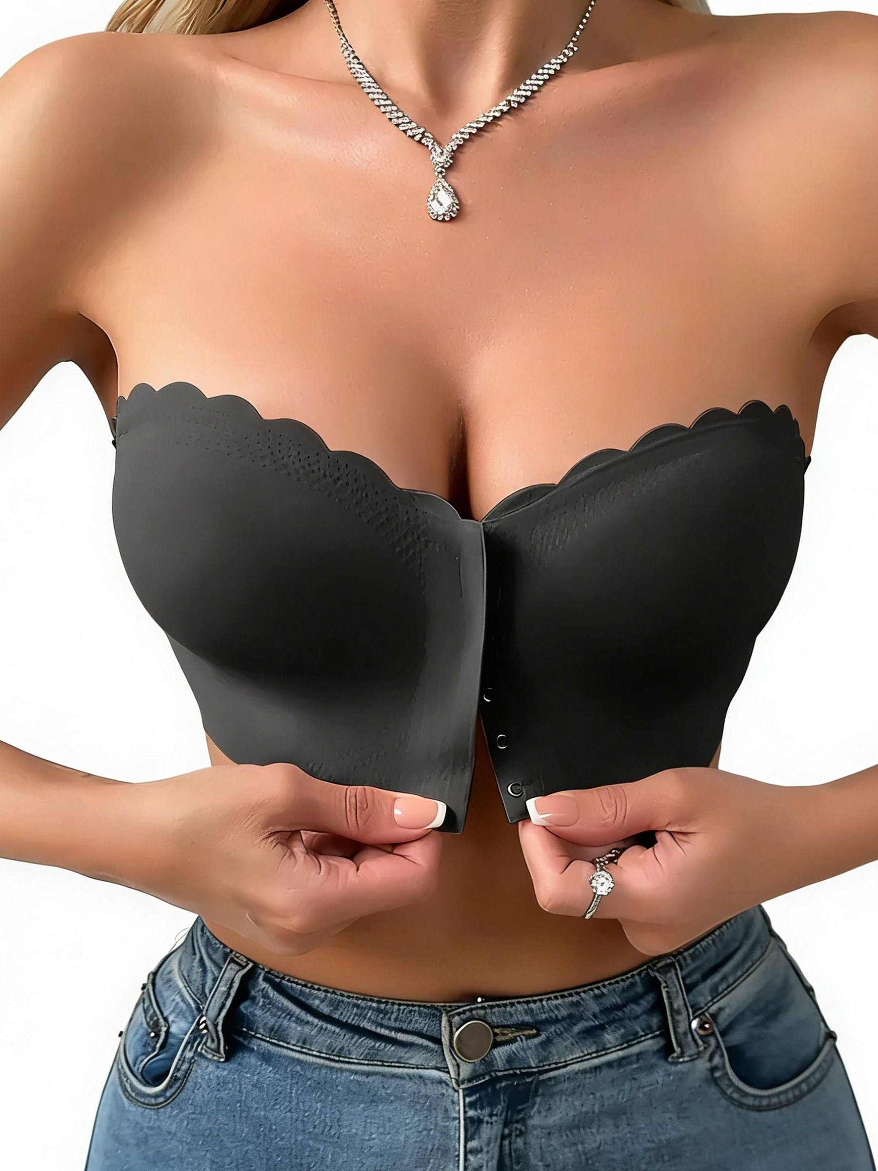 Solid Scallop Trim Hook & Eye Front Wireless Strapless Bandeau Bra