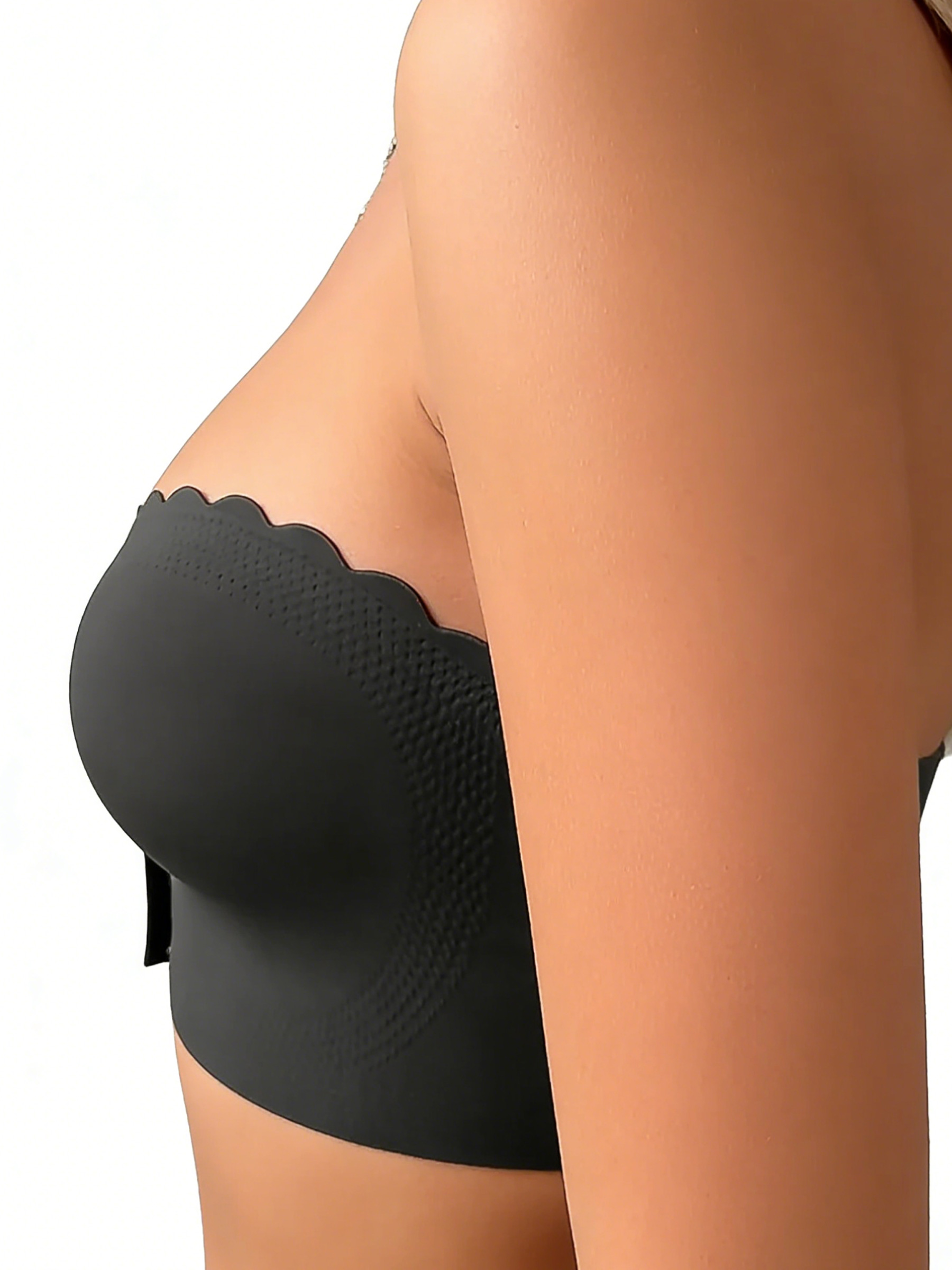 Solid Scallop Trim Hook & Eye Front Wireless Strapless Bandeau Bra