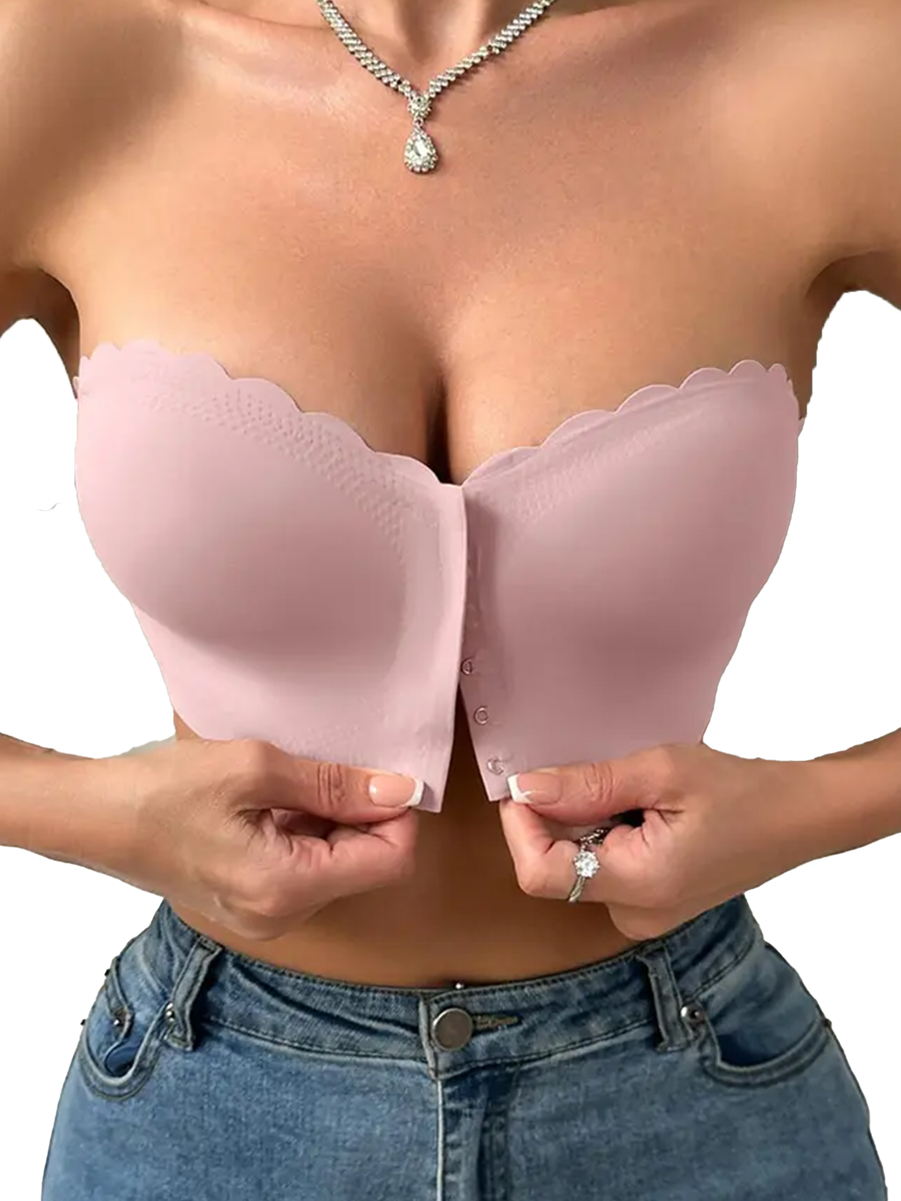 Solid Scallop Trim Hook & Eye Front Wireless Strapless Bandeau Bra