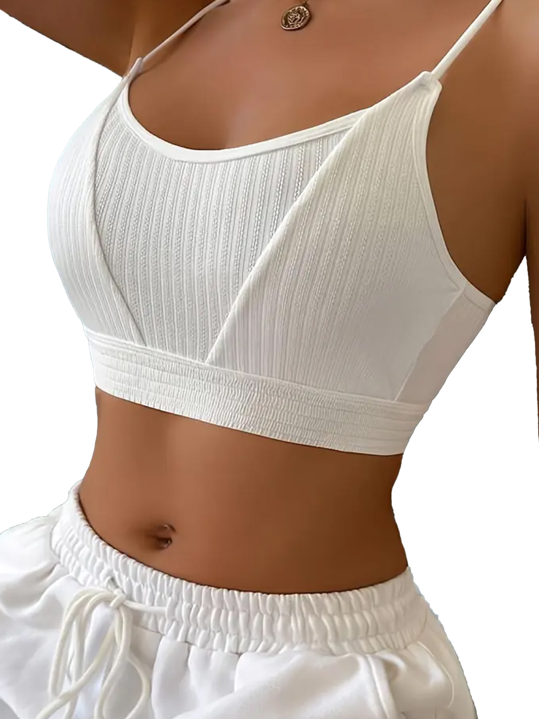 Solid Textured Backless Spaghetti Strap Push Up Crop Top Bra