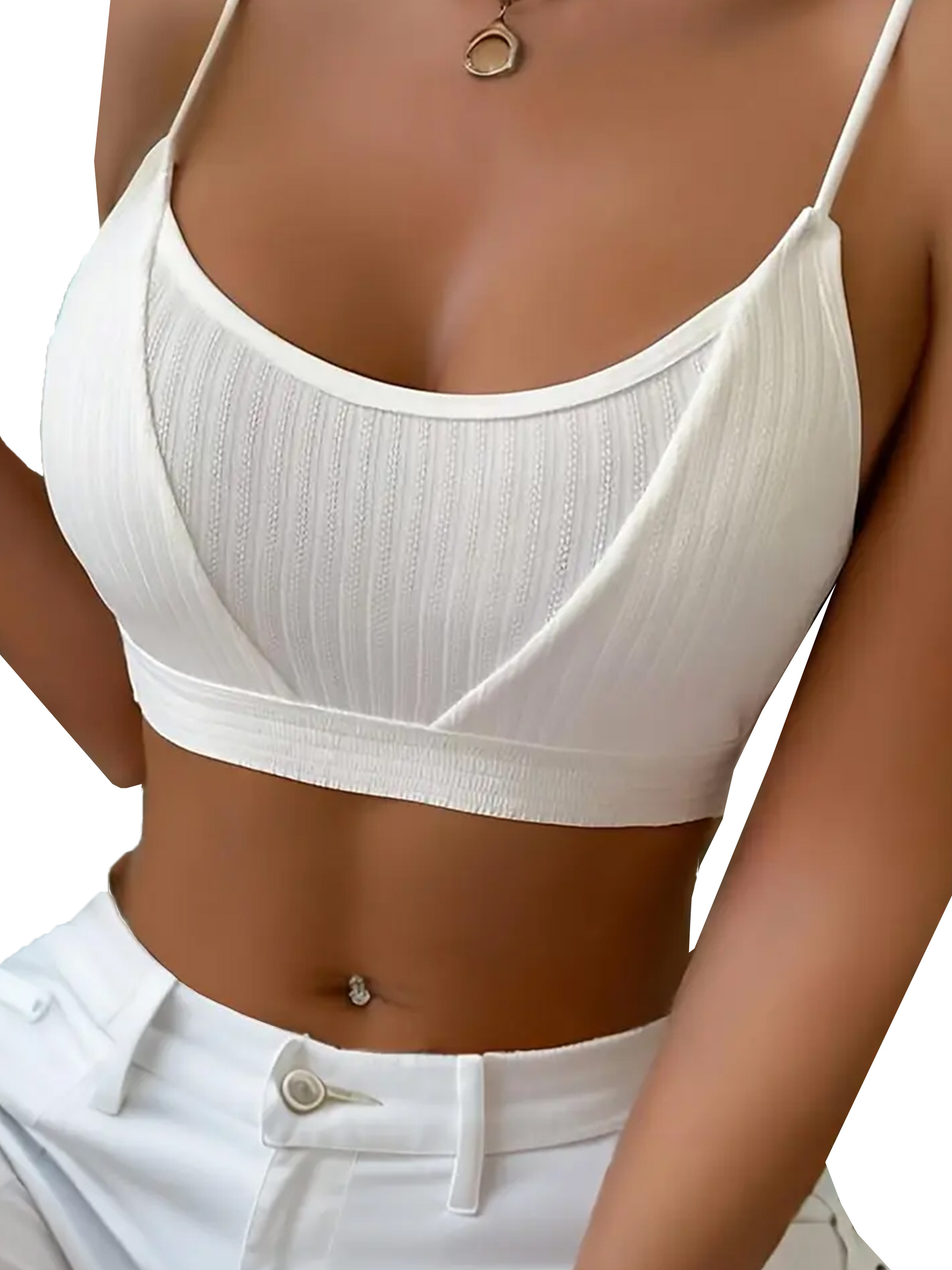Solid Textured Backless Spaghetti Strap Push Up Crop Top Bra