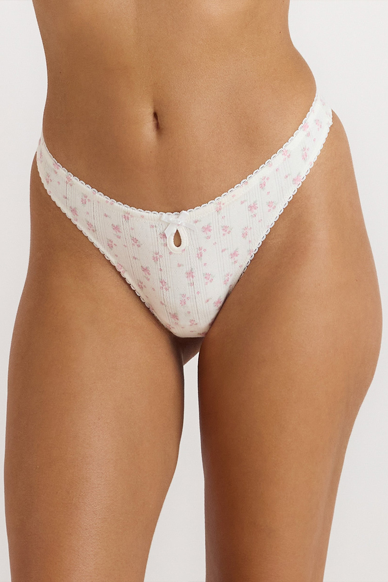 Floral Ribbed Thong Three-piece set with Dainty Bow Detail
