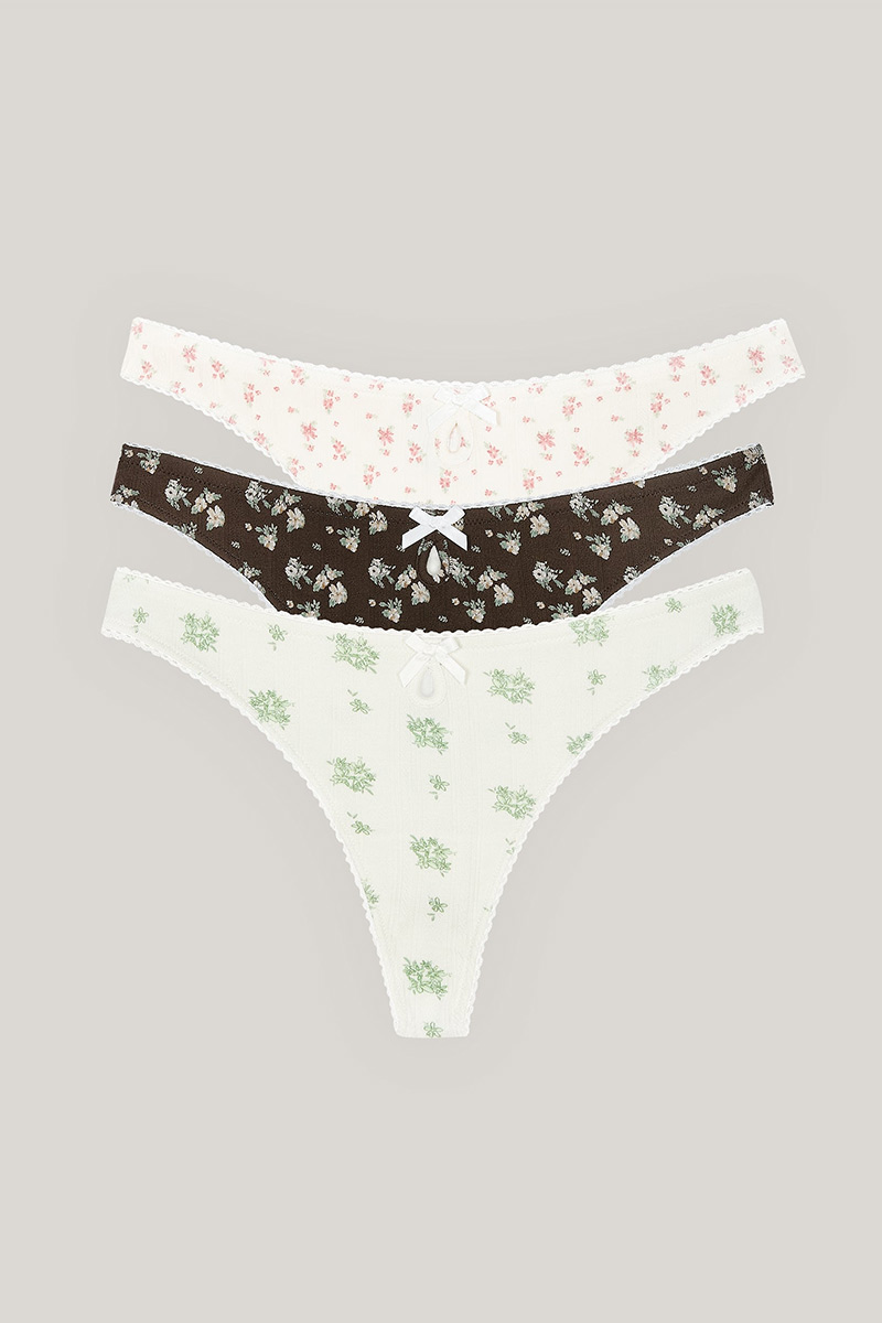 Floral Ribbed Thong Three-piece set with Dainty Bow Detail