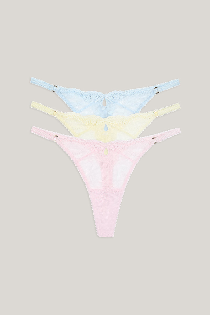 Delicate Pastel Lace Thong Three-piece set with Adjustable Straps