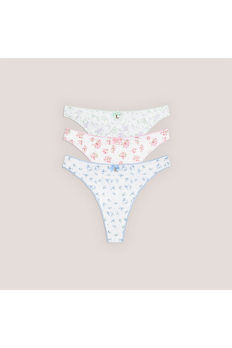 Charming Floral Ribbed Thong Three-piece set with Bow Detail