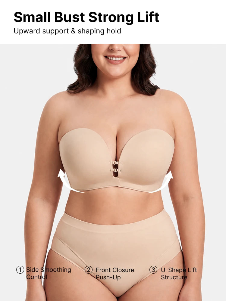 Plus-Size Women's Strapless Double Front Clasp Push-Up Bra