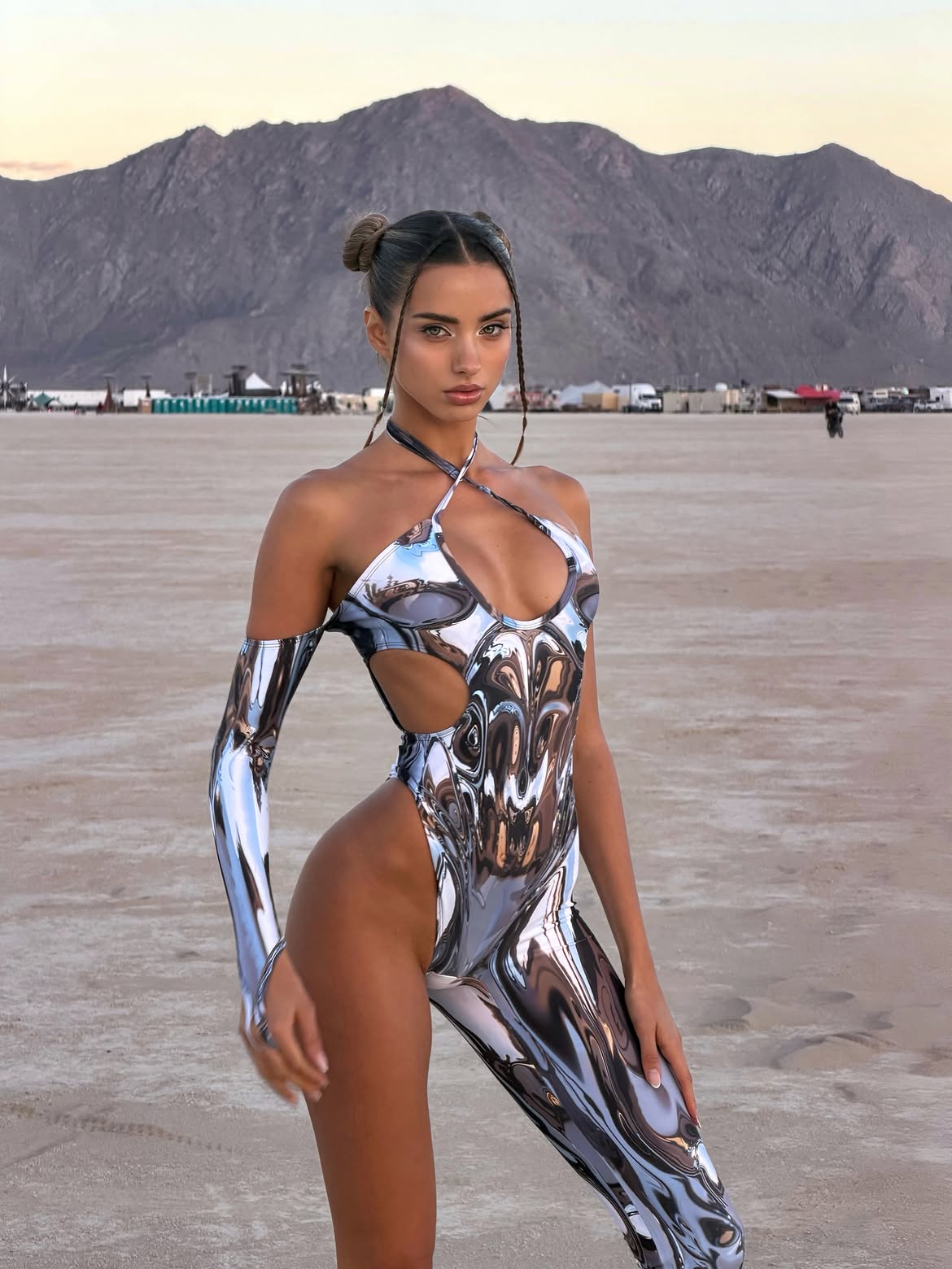 Metallic Print Crisscross Halter Cutout Jumpsuit