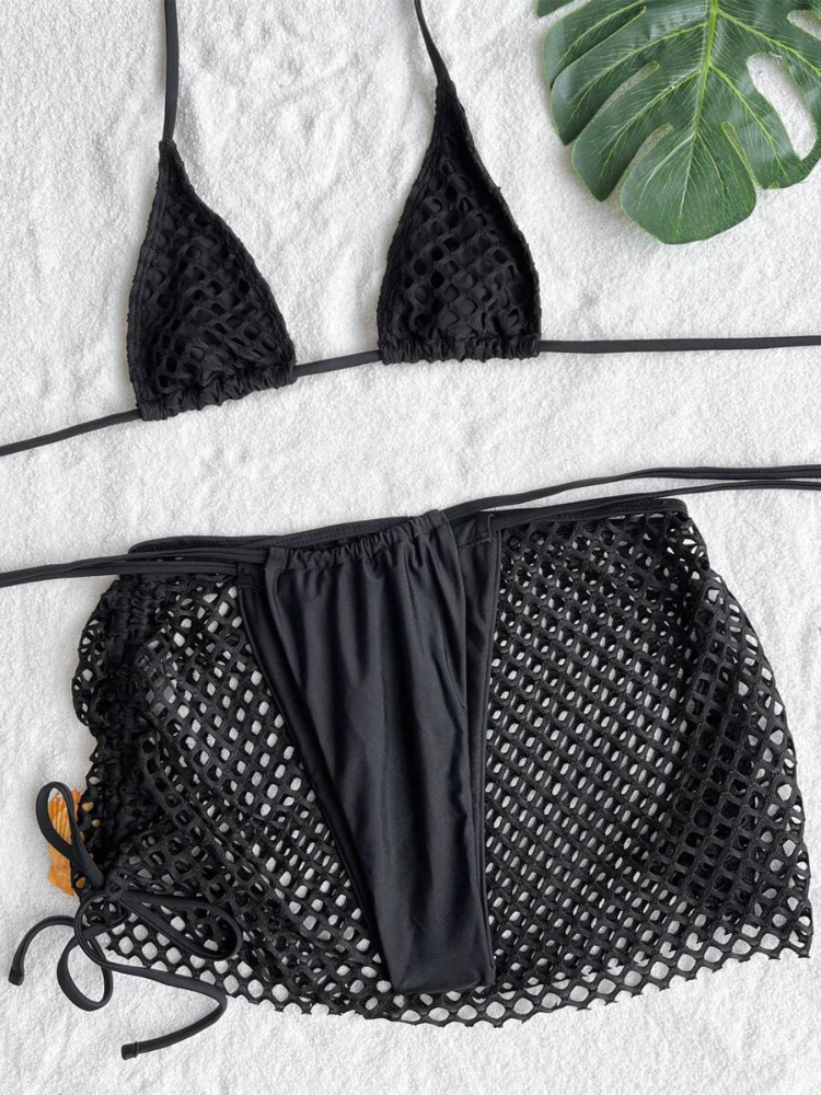 Crochet Mesh Three-Piece Bikini Set