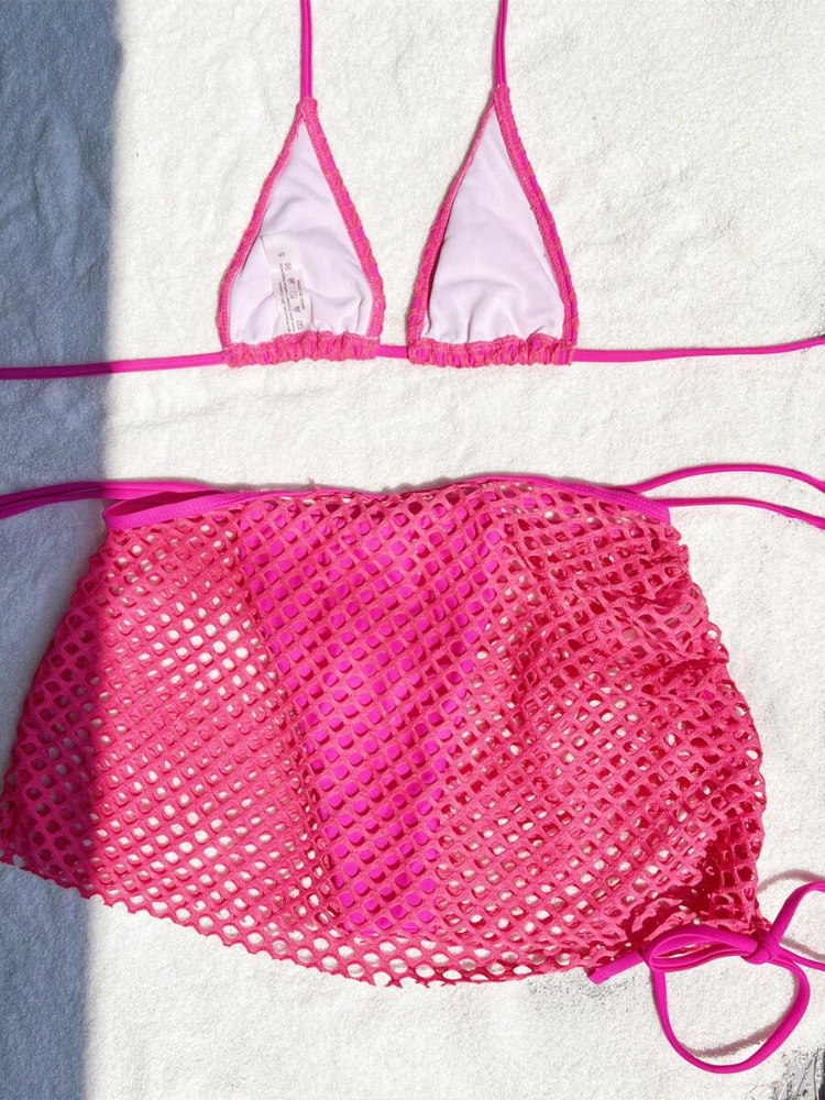 Crochet Mesh Three-Piece Bikini Set