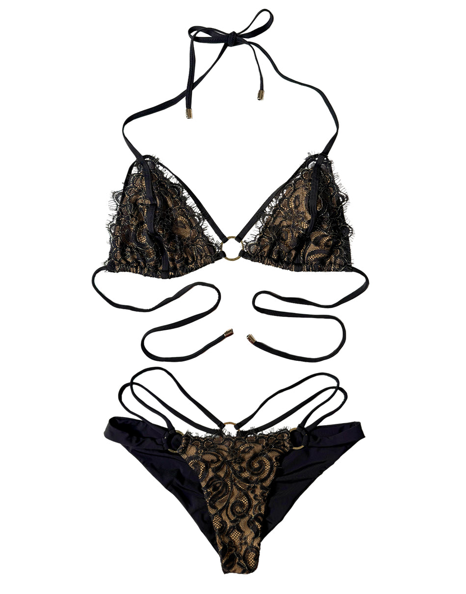 Gunpowder and Lace Triangle Bikini – Black Lace Triangle Swim with Gold Ring Detail