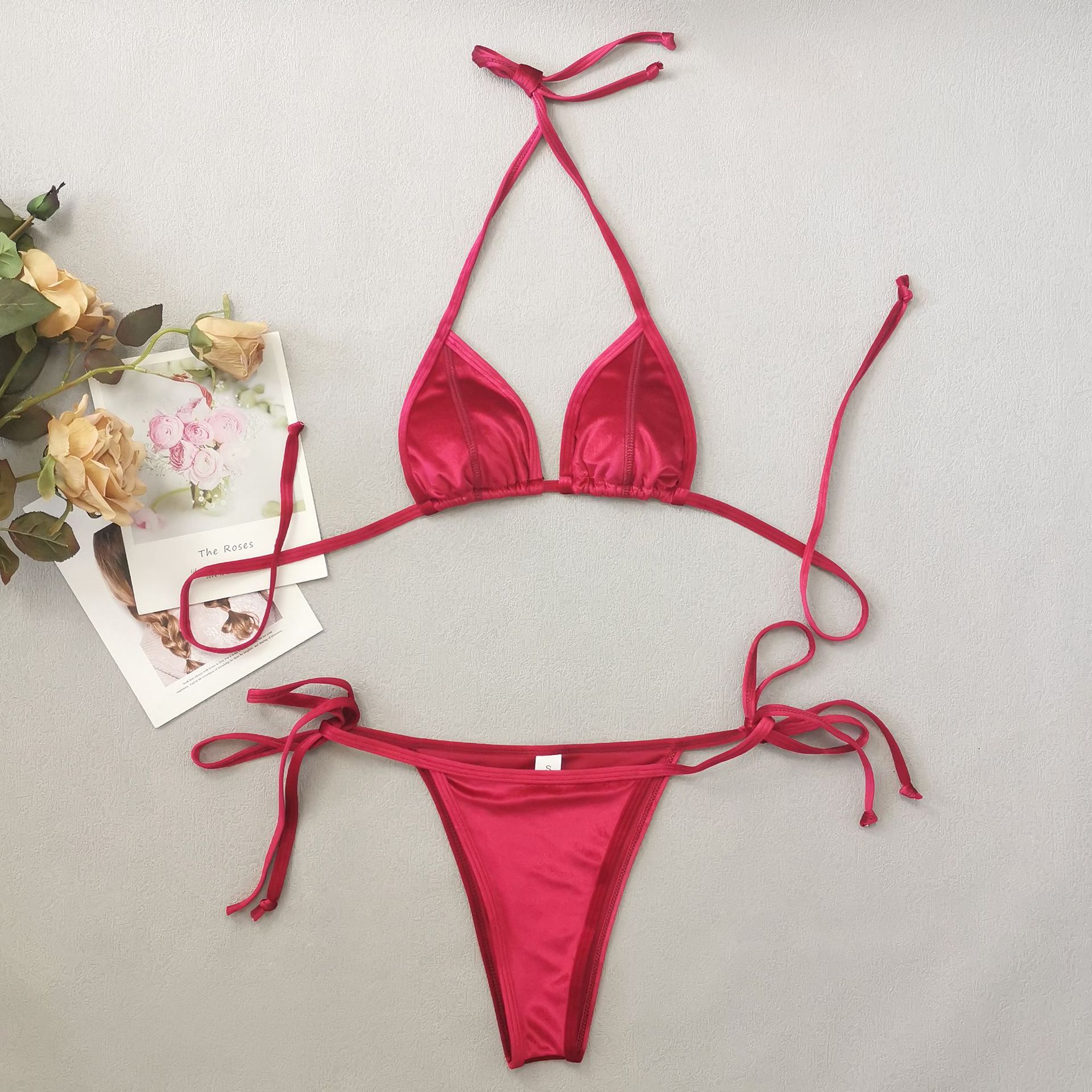 Velvet Triangle Halter Bikini Set with Tie Sides