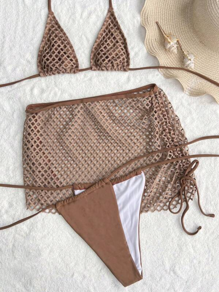 Crochet Mesh Three-Piece Bikini Set
