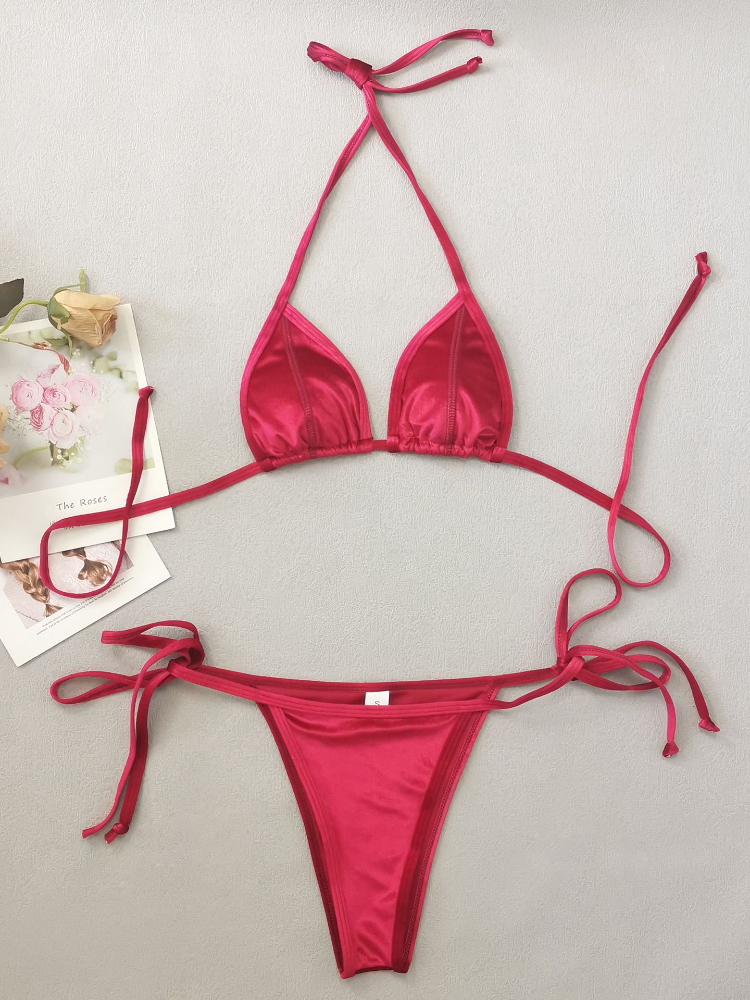 Velvet Triangle Halter Bikini Set with Tie Sides
