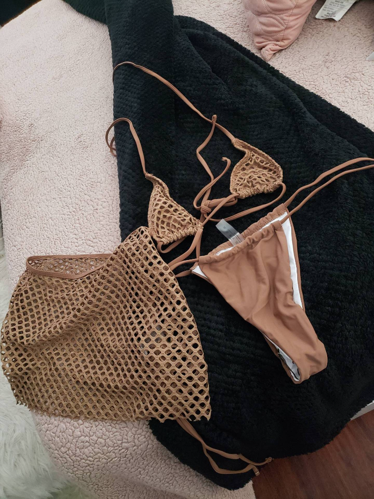 Crochet Mesh Three-Piece Bikini Set