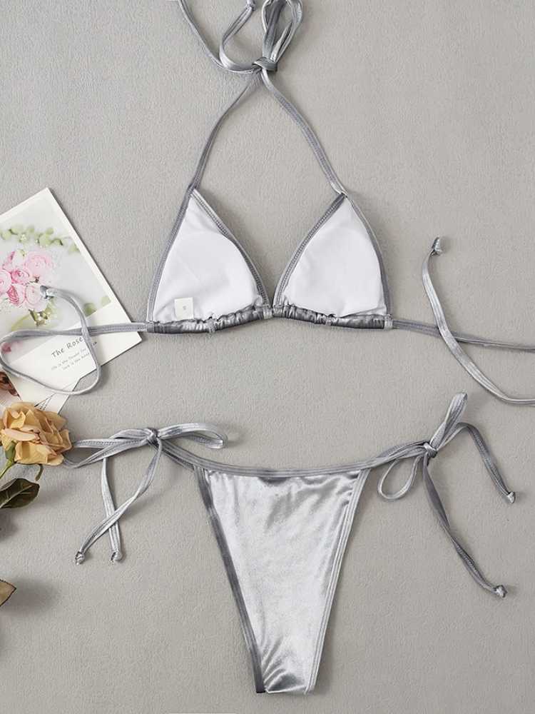 Velvet Triangle Halter Bikini Set with Tie Sides