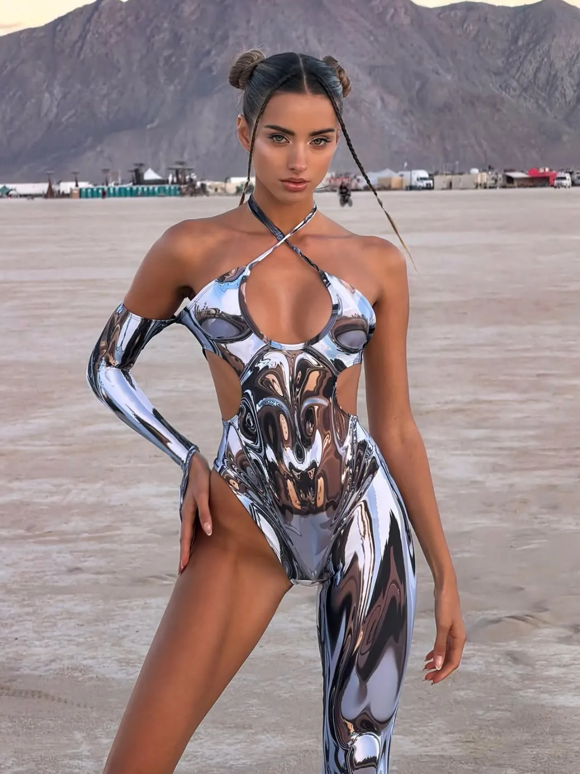 Metallic Print Crisscross Halter Cutout Jumpsuit