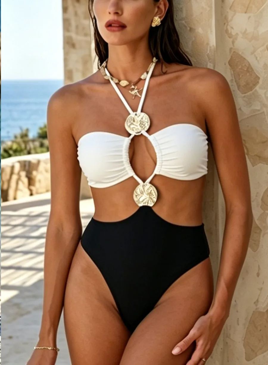 Color Block Halter Cut Out One Piece Swimsuit
