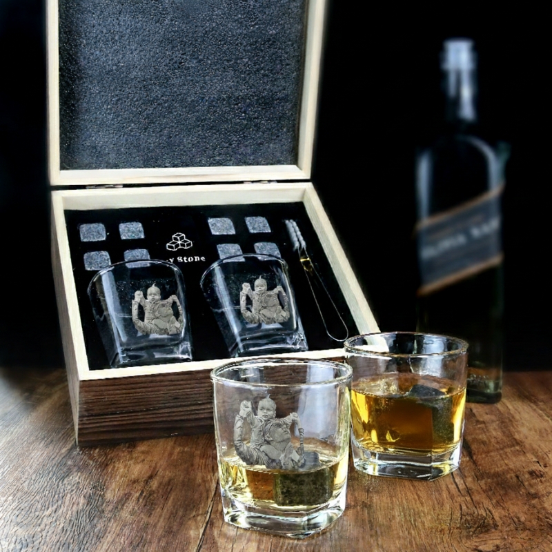 Vasos de Whisky Personalizados con Foto Set de Whisky con Piedras de Hielo y Caja de Madera Regalo para el Día del Padre