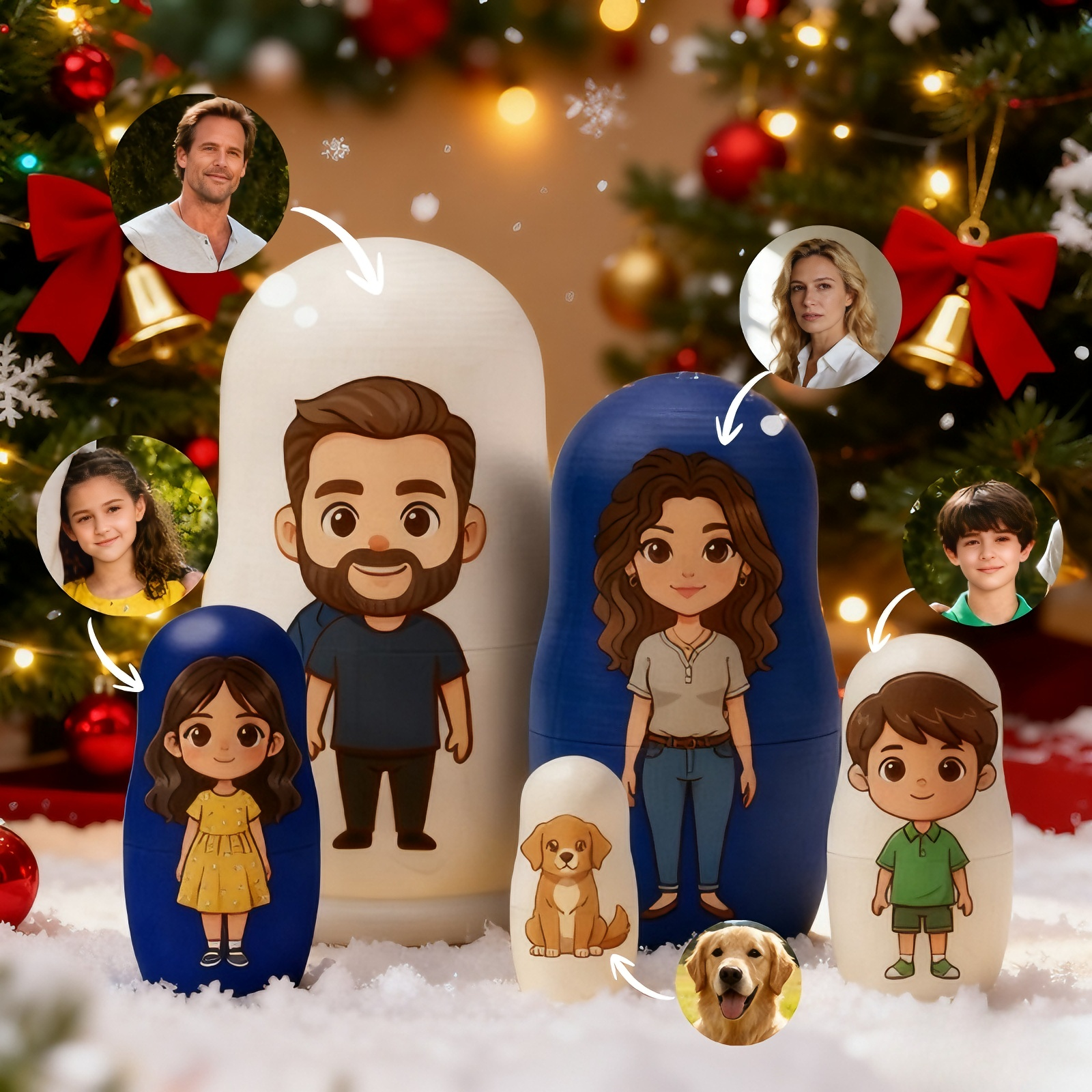 Muñecas de Madera Rusas con Foto Familiar Set de Muñequitas Rusas Estilo Cartoon Recuerdo para Padres, Niños y Parejas