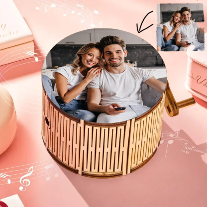 Caja de Música Personalizada Cilíndrica de Madera con Foto y Canción Completa Regalo Romántico