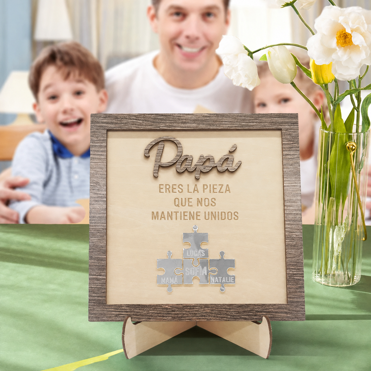 Cuadro Puzzle de Madera Personalizado con Nombres para Papá Eres la Pieza que Nos Mantiene Unidos Regalo para Papá