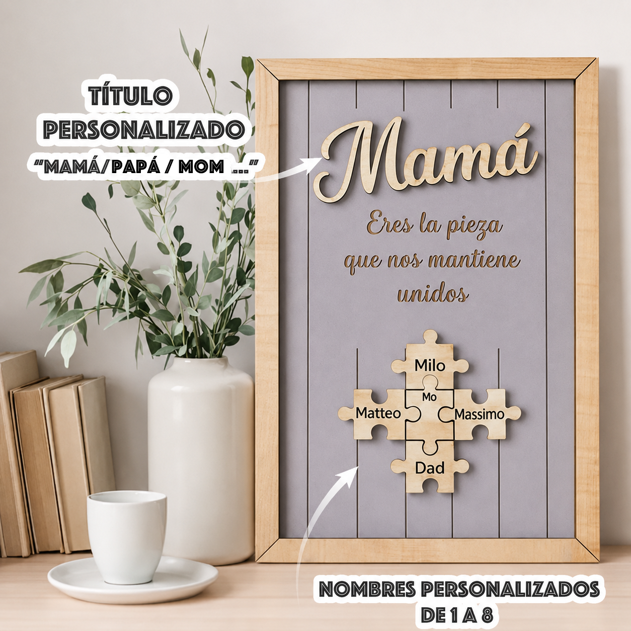 Cuadro Puzzle con Marco de Madera Personalizado Eres la Pieza que Nos Mantiene Unidos Regalo para Mamá Colores y Nombres Grabados