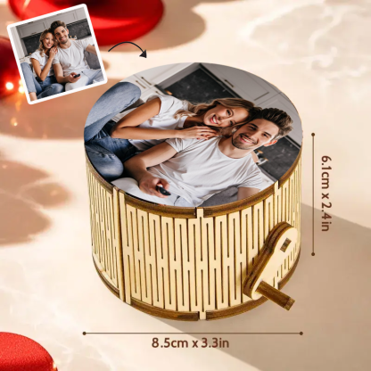 Caja de Música Personalizada Cilíndrica de Madera con Foto y Canción Completa Regalo Romántico