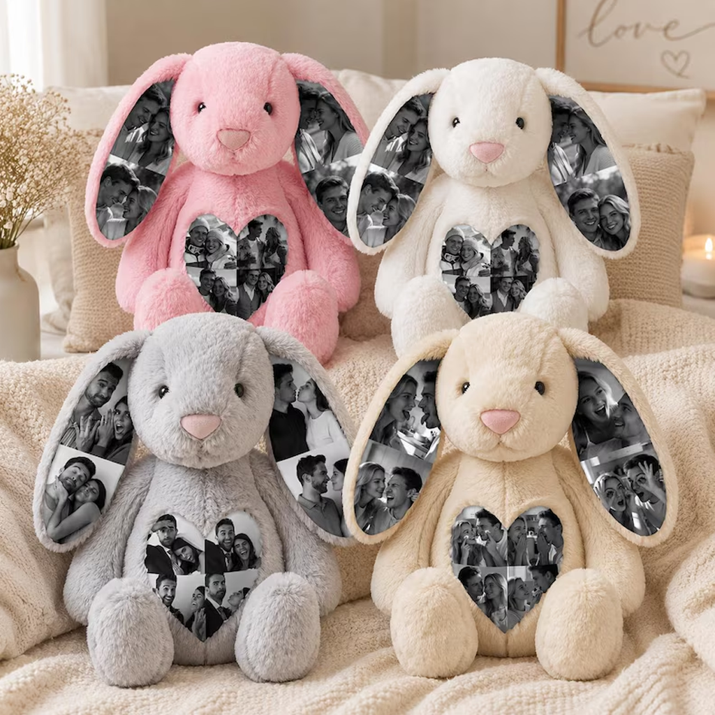 Conejito de Peluche Personalizado con Fotos Ocultas y Corazón con Foto Regalo de Aniversario para Parejas