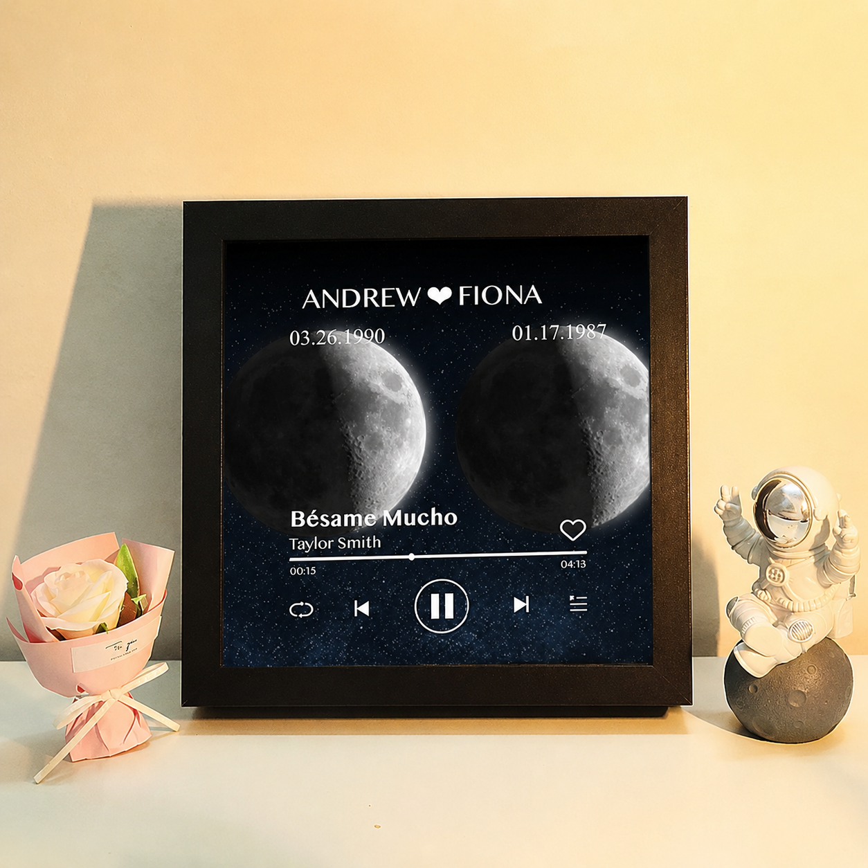 Cuadro de Música con Fases de la Luna y Fecha Personalizada Regalo de Aniversario con Canción Completa