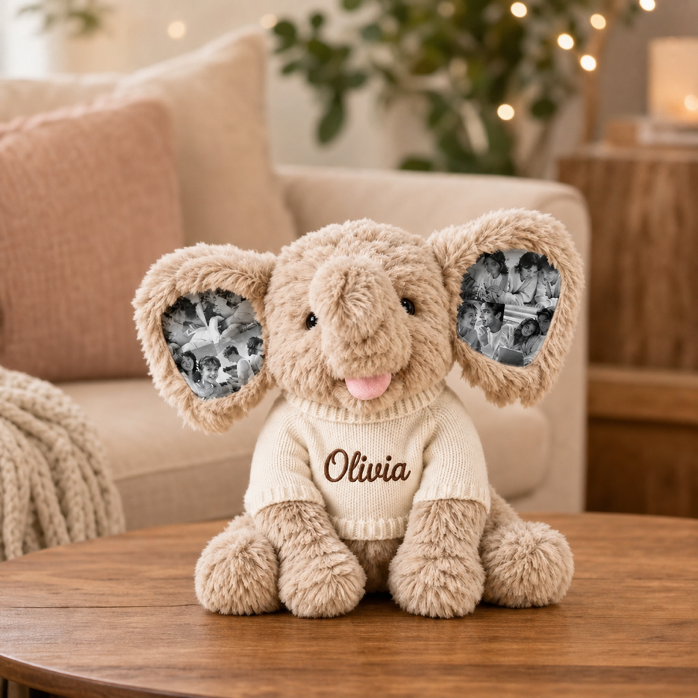 Elefante de Peluche Personalizado con 8 Fotos y Nombre Bordado Regalo de Aniversario y Recuerdo para Parejas