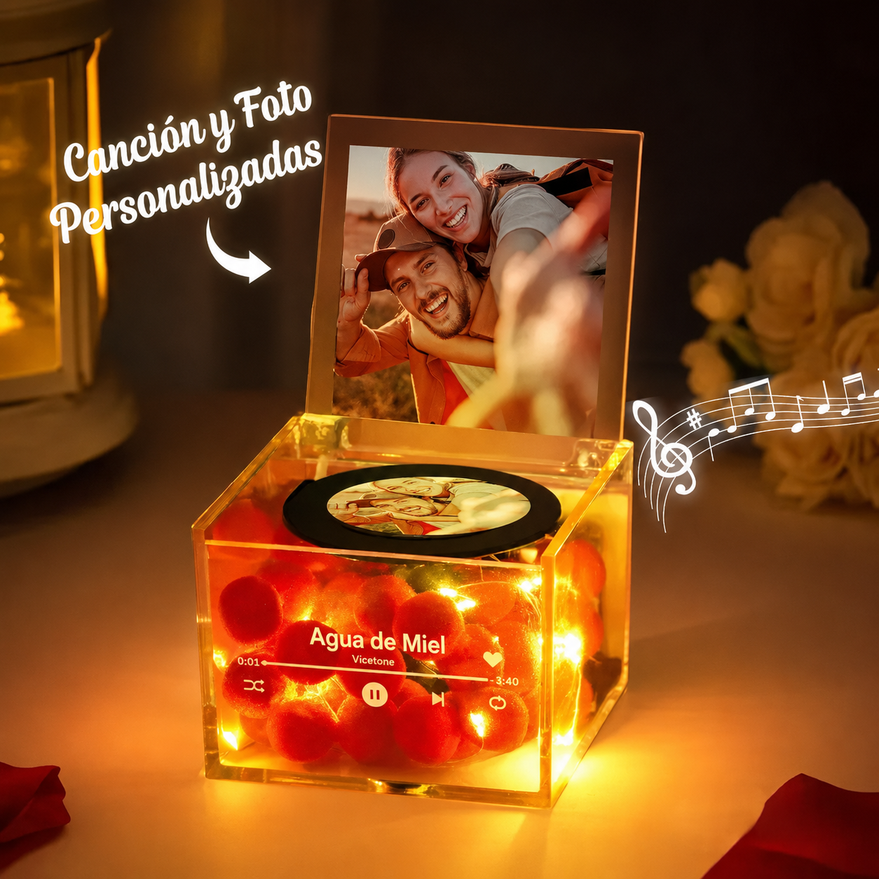 Caja de Música Personalizada de Acrílico con Foto, Luz y Canción Completa Regalo de Aniversario
