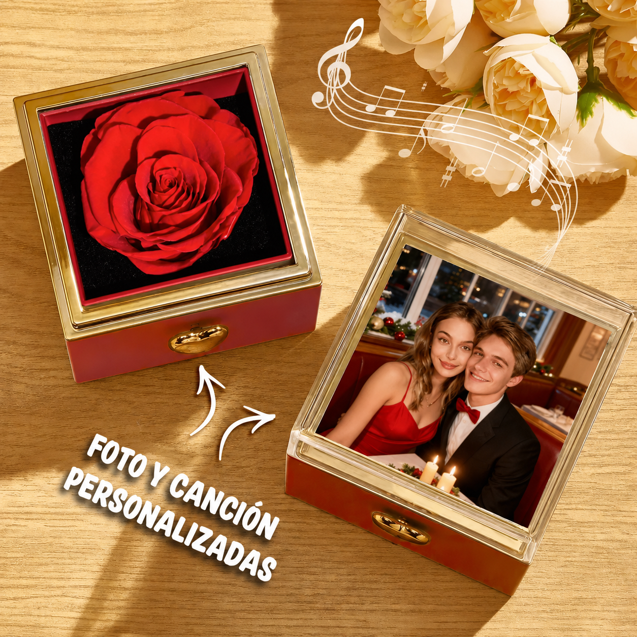 Caja de Música Personalizada con Rosa Preservada, Foto y Canción Completa Regalo San Valentín y Aniversario
