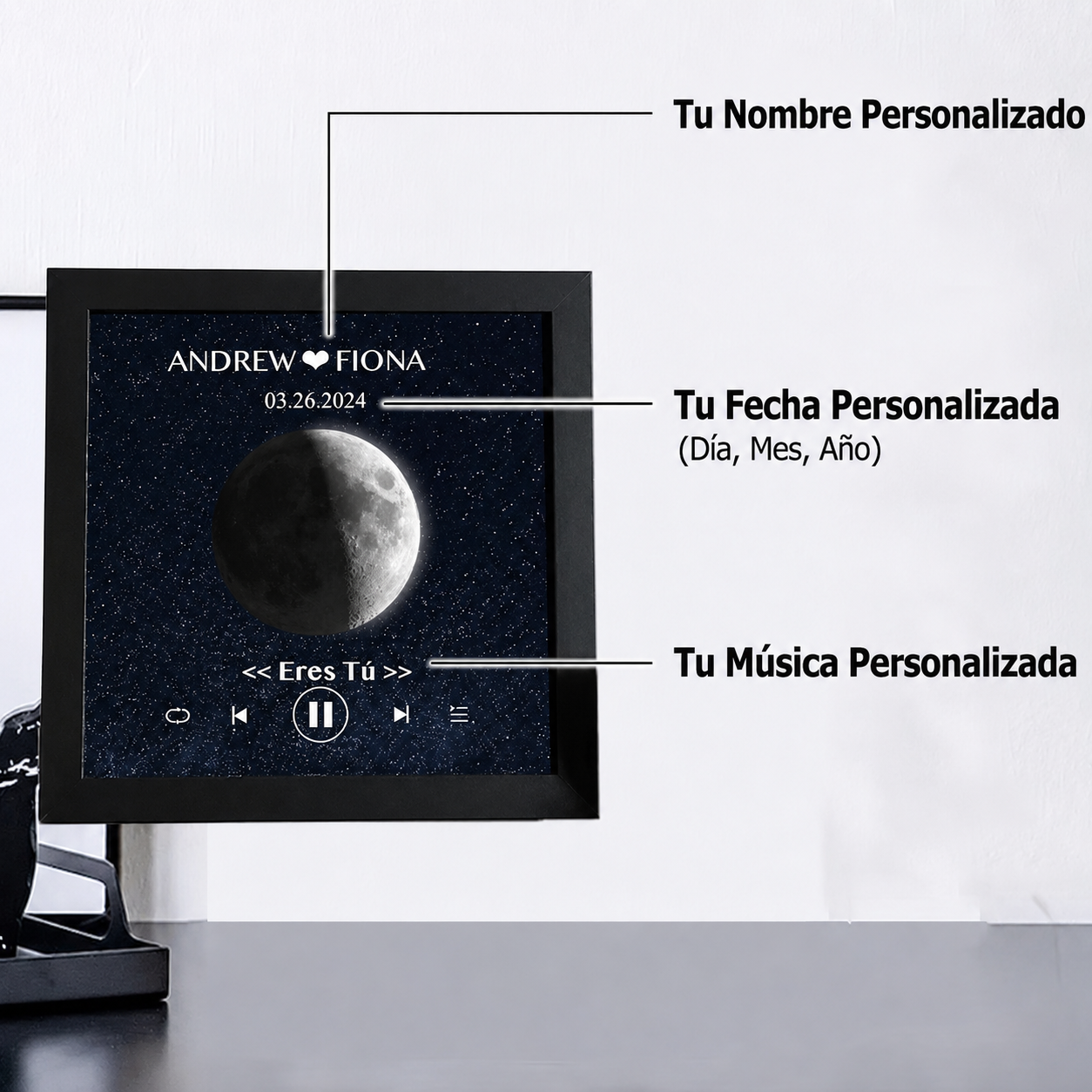 Cuadro de Música con Fases de la Luna y Fecha Personalizada Regalo de Aniversario con Canción Completa