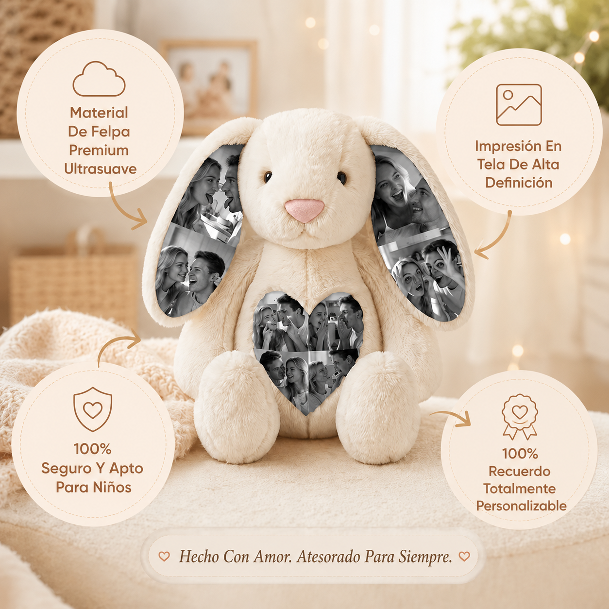 Conejito de Peluche Personalizado con Fotos Ocultas y Corazón con Foto Regalo de Aniversario para Parejas