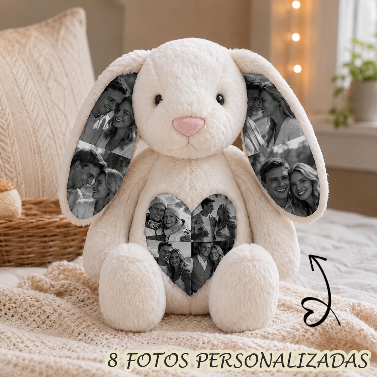 Conejito de Peluche Personalizado con Fotos Ocultas y Corazón con Foto Regalo de Aniversario para Parejas