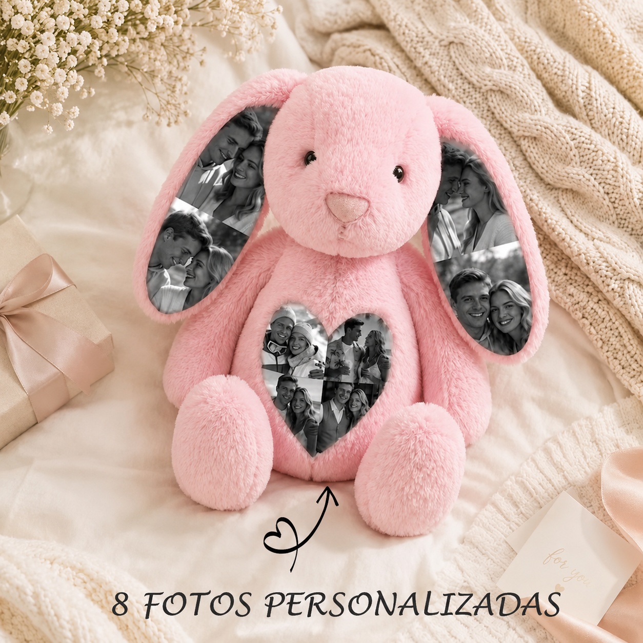 Conejito de Peluche Personalizado con Fotos Ocultas y Corazón con Foto Regalo de Aniversario para Parejas