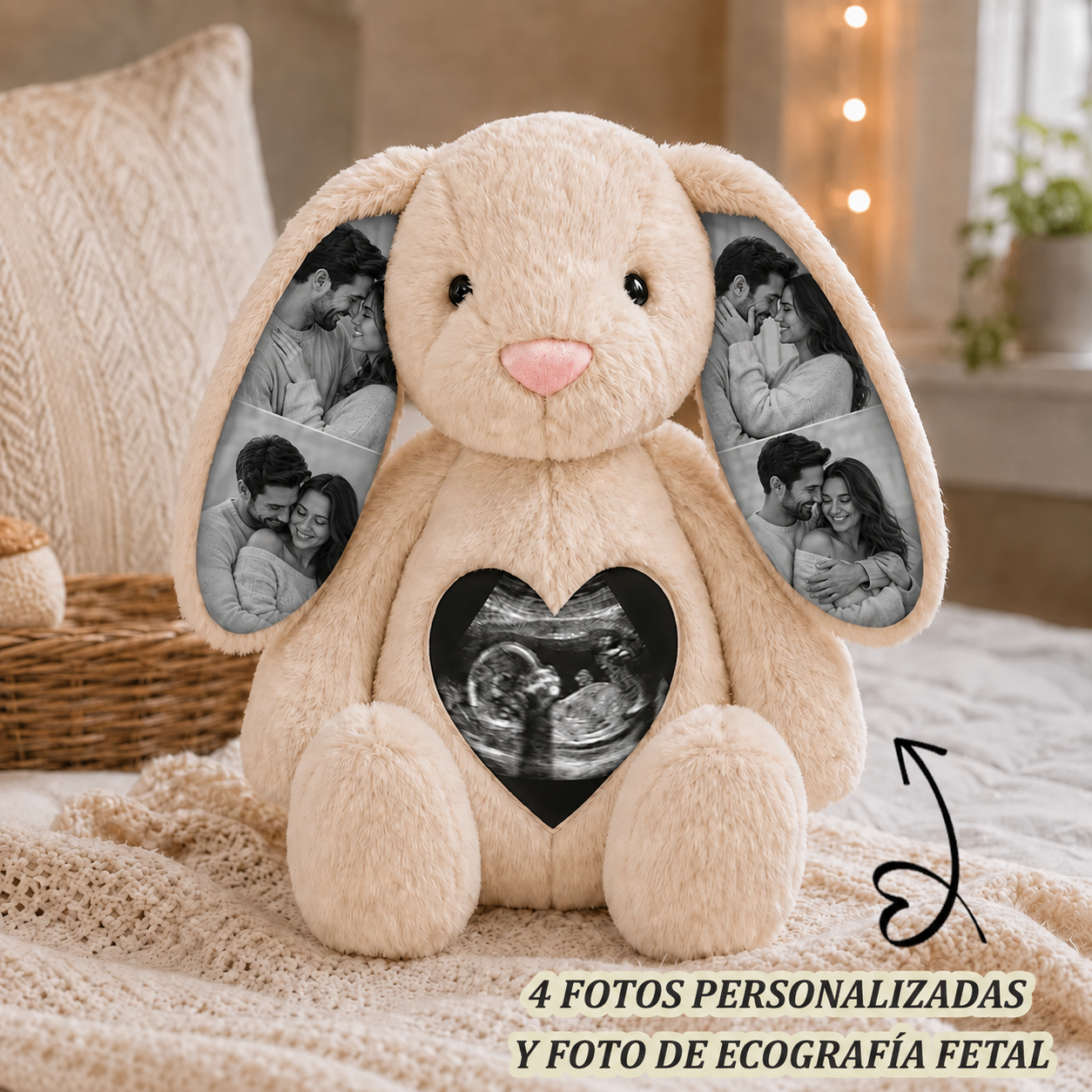 Conejito de Peluche Personalizado con Ecografía y 4 Fotos Regalo de Embarazo y Anuncio de Bebé para Futura Mamá