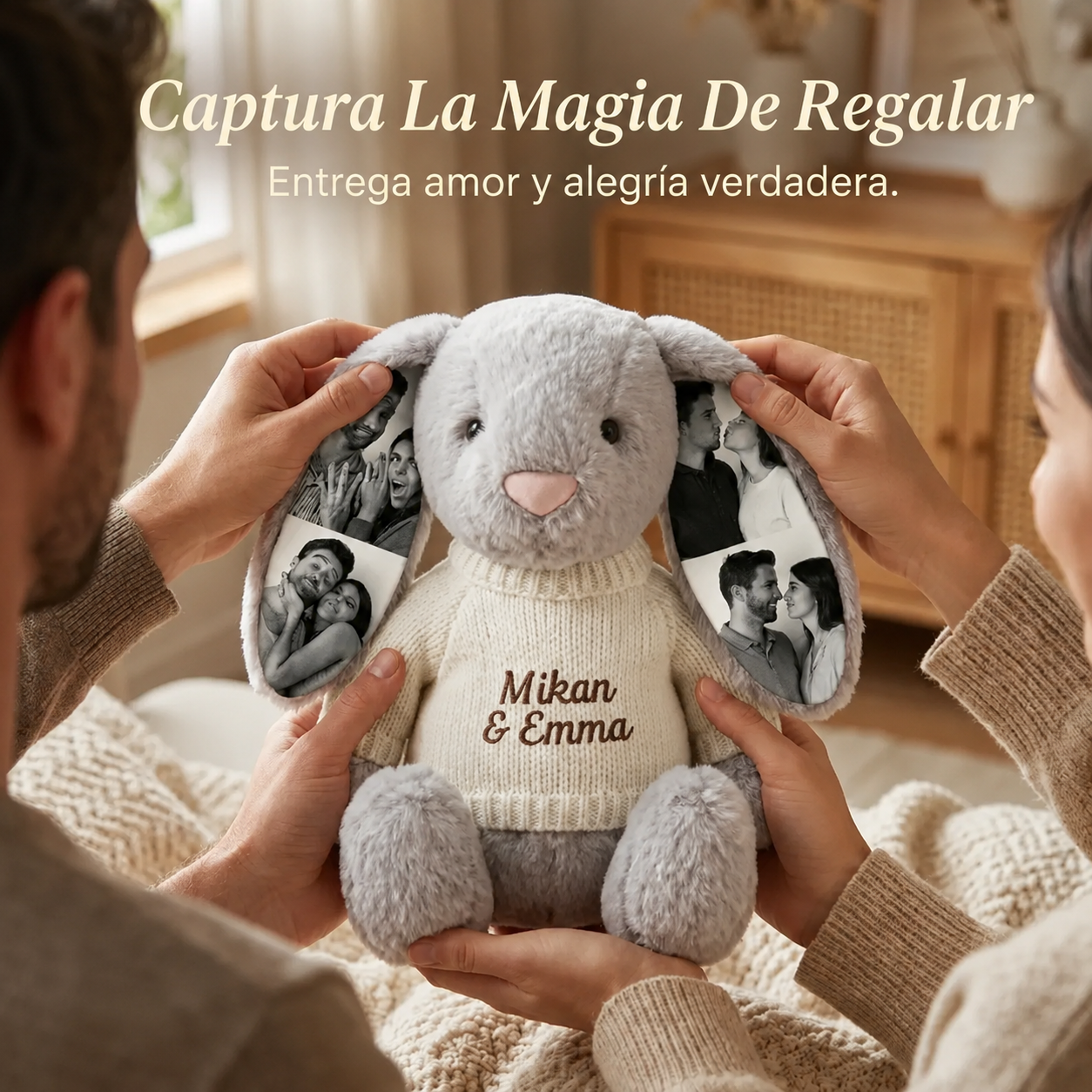 Conejito de Peluche Personalizado con 4 Fotos y Nombre Bordado Peluche de Recuerdo para Parejas y Regalo de Aniversario