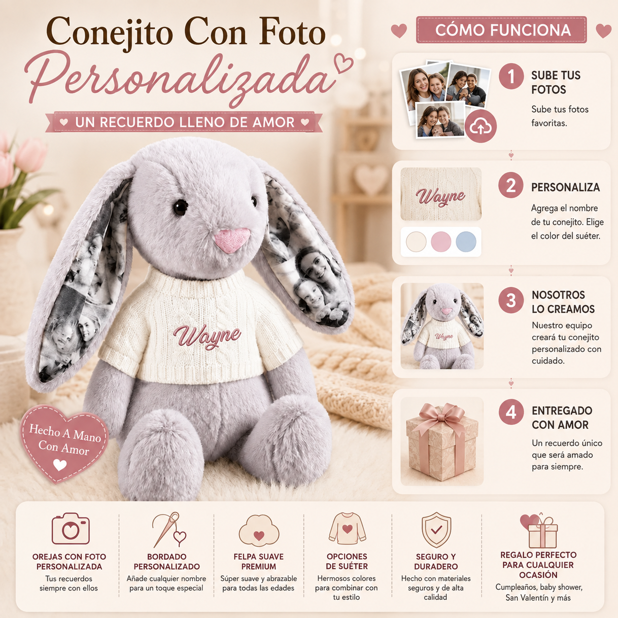Conejito de Peluche Personalizado con 4 Fotos y Nombre Bordado Peluche de Recuerdo para Parejas y Regalo de Aniversario