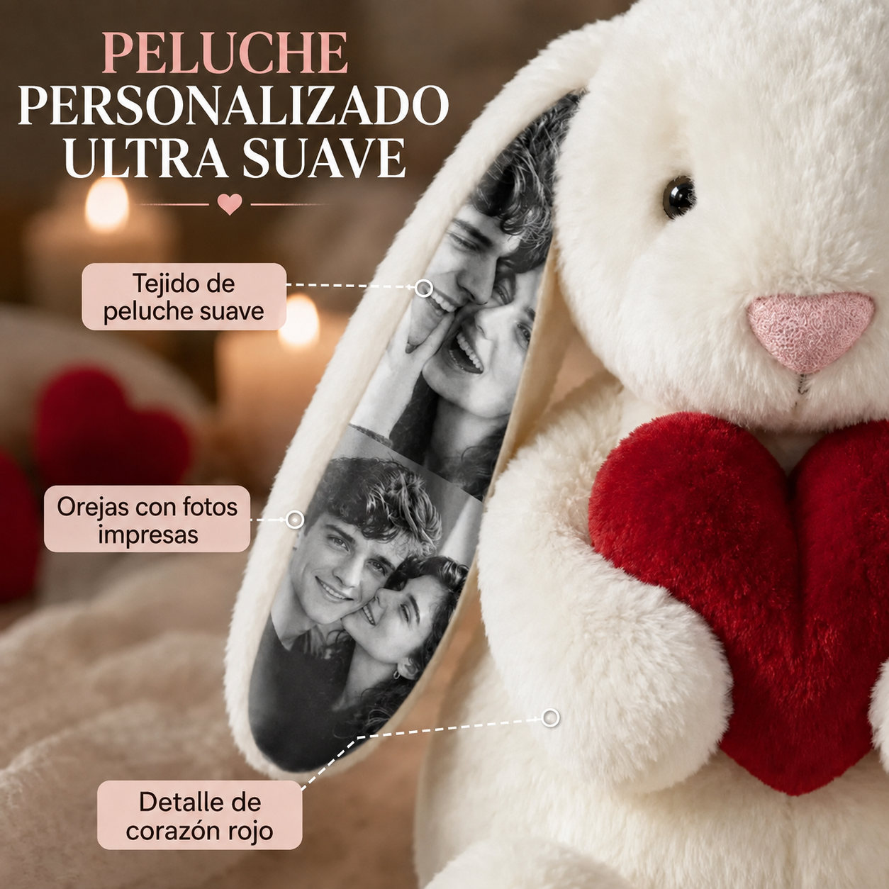 Conejito de Peluche Personalizado con 4 Fotos y Corazón Rojo Regalo de Aniversario y San Valentín para Parejas