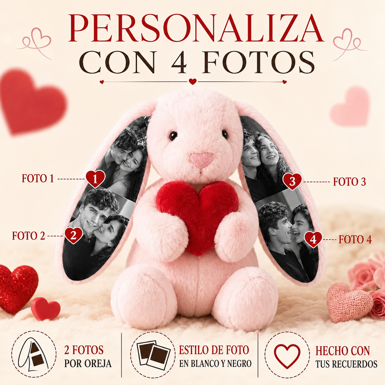 Conejito de Peluche Personalizado con 4 Fotos y Corazón Rojo Regalo de Aniversario y San Valentín para Parejas