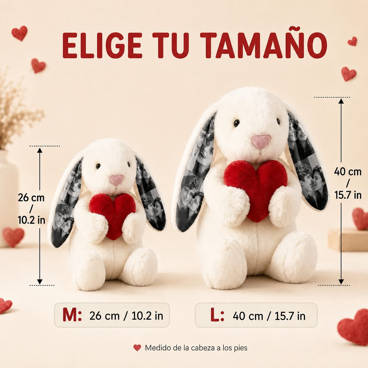 Conejito de Peluche Personalizado con 4 Fotos y Corazón Rojo Regalo de Aniversario y San Valentín para Parejas